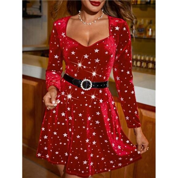 Clasi Women's Elegant Christmas Party Heart Neck Velvet Ruffled A-Line Bodycon - Picture 1 of 6